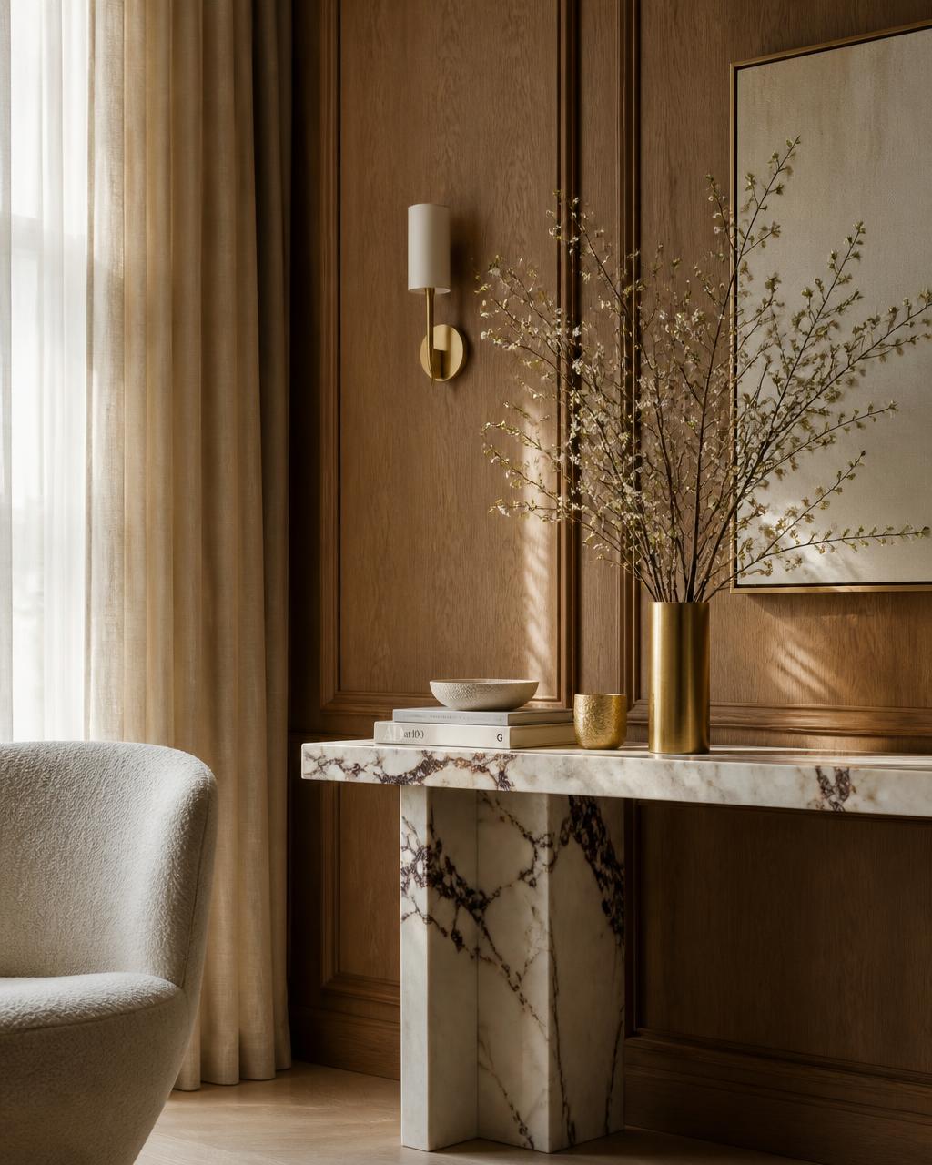 Marble console with brass vase against warm oak panelling