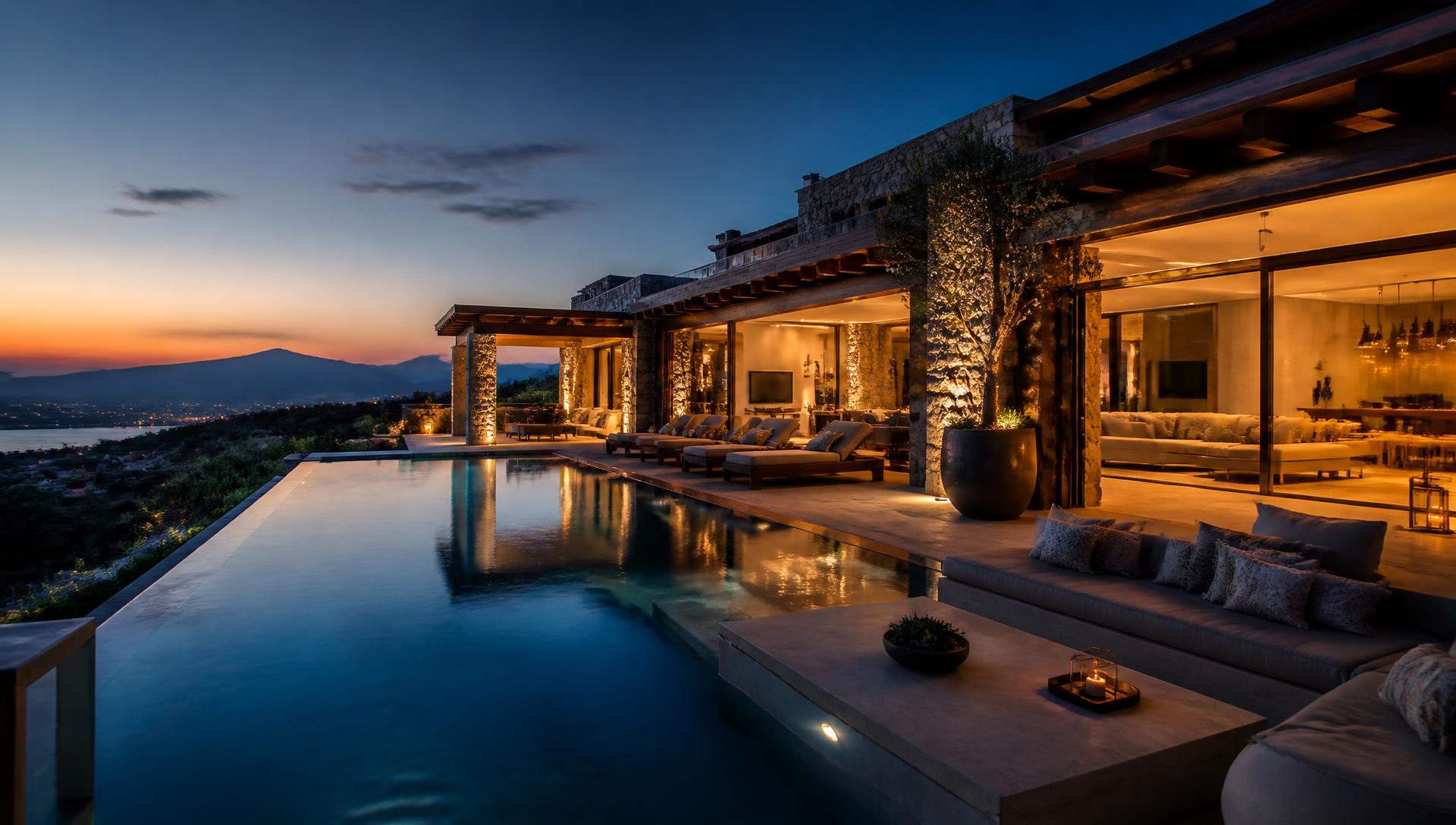 Luxury villa terrace at dusk with an infinity pool
