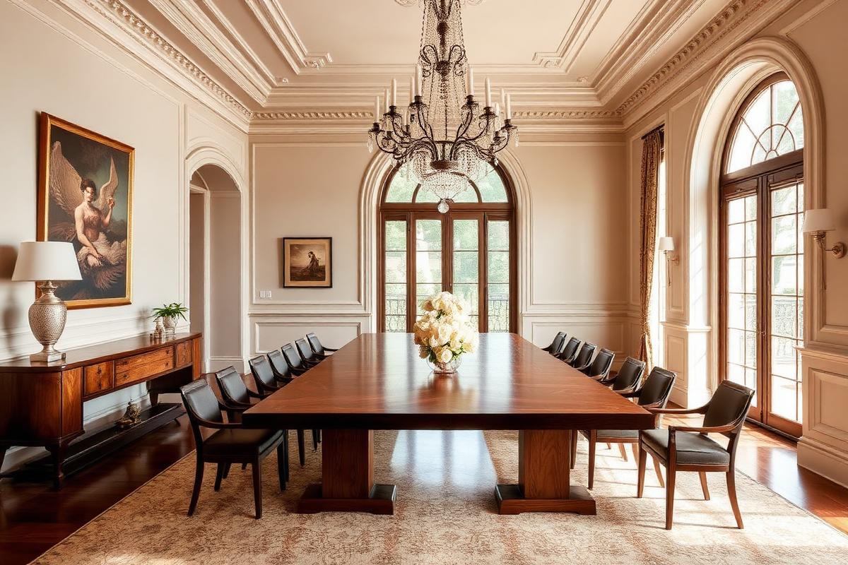 Formal dining room with sculptural chandelier
